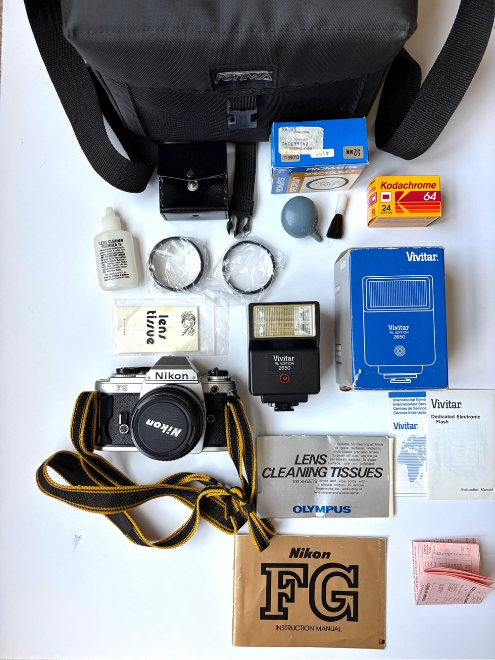 Vintage Nikon FG Camera with Vivitar Flash - Black/Silver